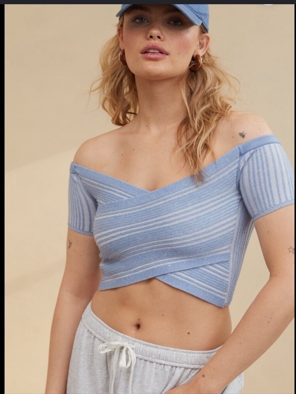 NWT Aerie Off-Shoulder Reversible Blue Striped Cropped Sweater XXL Swifty Vibe